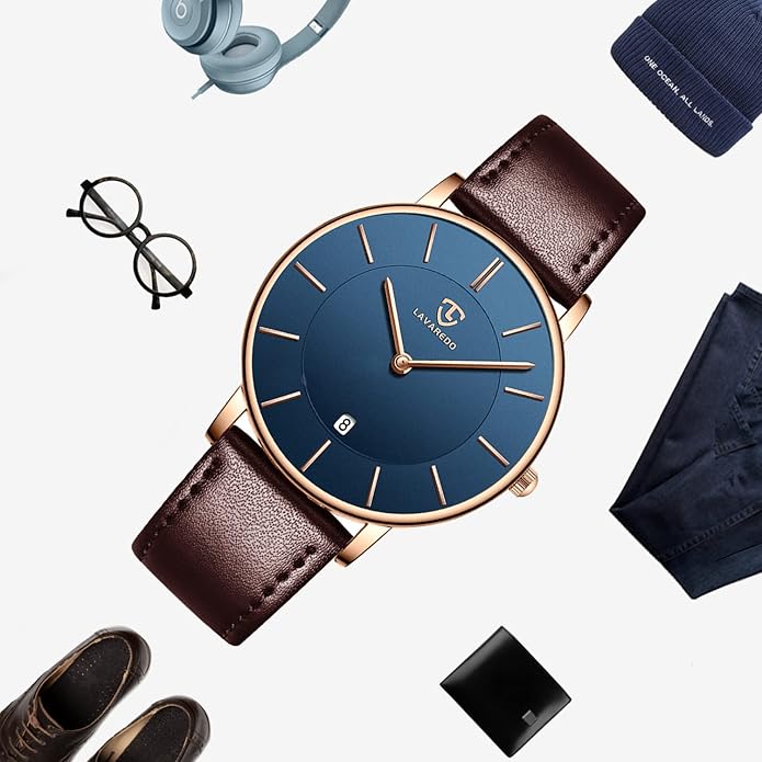 L LAVAREDO Watch for Men, Extremely Thin Mens Watches Minimalist Analog Men's Leather Wrist Watches with Time/Date, Birthday Gift for Men Boyfriend