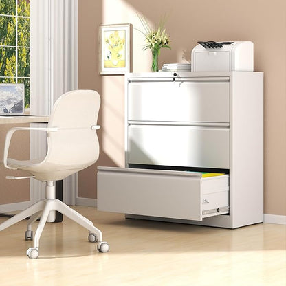 File Cabinet with Lock, 3 Drawer Lateral Filing Cabinet for Home Office, White Metal Heavy Duty File Cabinets for Hanging Letter/Legal/F4/A4 Size Files, Assembly Required