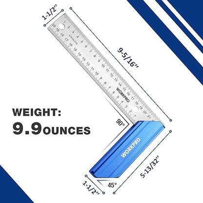 WORKPRO 8 Inch Try Square with Aluminum Handle - Woodworking Square Precision for Professional Carpentry Use & Premium Stainless Steel Ruler
