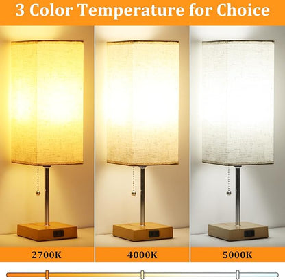 Table Lamp for Bedroom set of 2,3-Color Bedside Lamps with Pull Chain Table Lamps for Nightstand with AC Outlets,18'' Night Light Lamps with 2 Bulbs Lamps for Living Room Kids Room Office Decor（Wood）