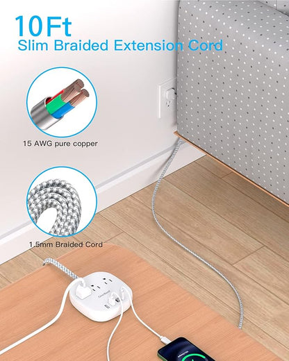 10Ft Flat Plug Power Strip, Ultra Thin Extension Cord - 3 Outlets 4 USB Ports (2 USB C) Desktop Charging Station, Cruise Ship Power Strip with No Surge Protection for Travel, Dorm Room Essentials