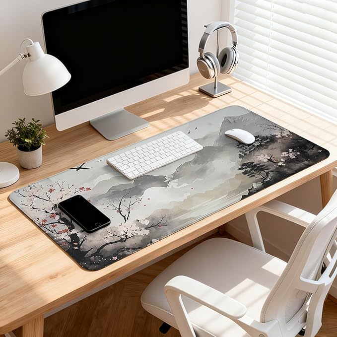 Cherry Blossom Patterns Desk Mat, Large Gaming Mouse Pad Non-Slip Rubber Base with Stitched Edges, Waterproof Protection for PC Laptop Home Office Desk Decor (31.5x11.8in)
