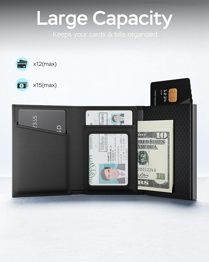 RFID Wallet for Men Compatible with AirTag, Slim Mens Wallet for Air Tag Smart Pop up Card Holder, Minimalist Wallet with ID Window & Cash Slot, Trifold Compact Metal Aluminum Card Case