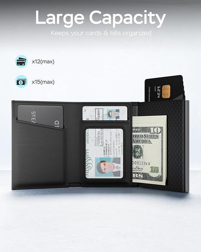RFID Wallet for Men Compatible with AirTag, Slim Mens Wallet for Air Tag Smart Pop up Card Holder, Minimalist Wallet with ID Window & Cash Slot, Trifold Compact Metal Aluminum Card Case