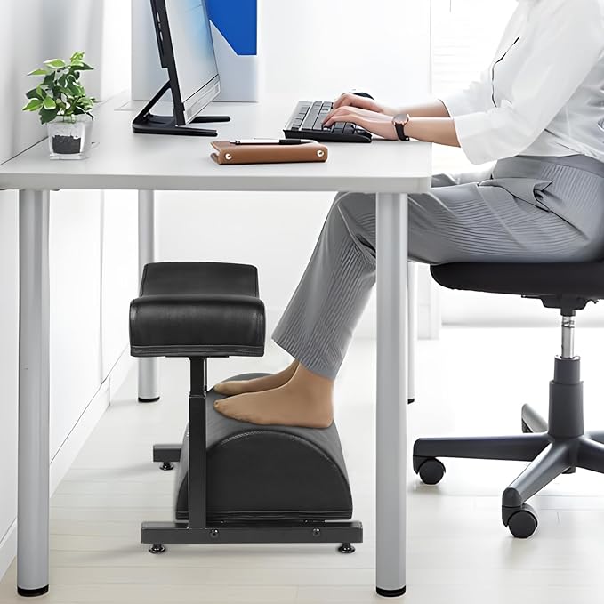 Adjustable Foot Rest Under Desk Footrest Wide Leg Rest 5 Height Positions PU Leather Covered for Desk Office Gaming Chairs Ergonomic with Foot Cushion