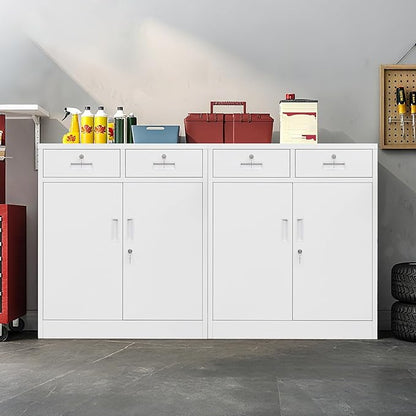 Metal Storage Cabinet, Locking Storage Cabinet with Adjustable Shelf, 36" H Metal Cabinets with Two Drawers for Office, Garage, Home-White