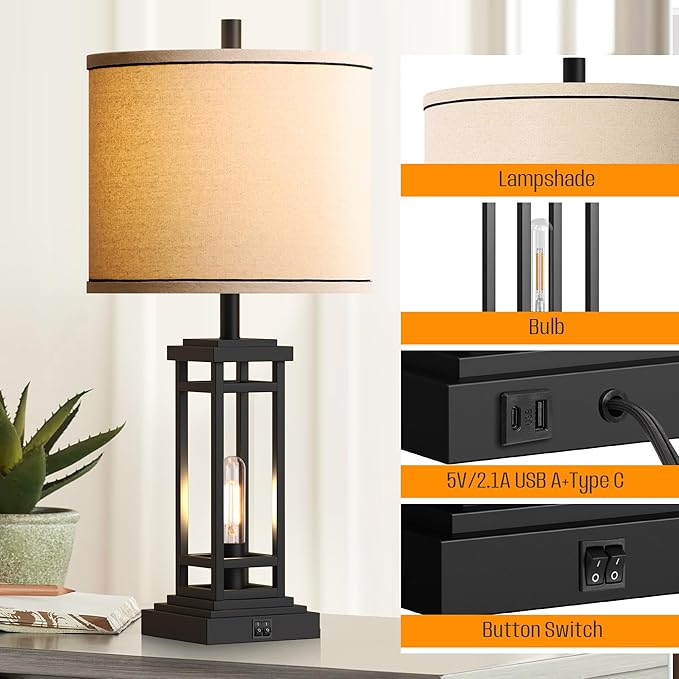 ROTTOGOON 27.5 Tall Farmhouse Table Lamp with USB C + USB A Charge Ports, Rustic Living Room Lamp, Black Industrial End Table Lamp for Bedroom Living Room Nightstand (Black)