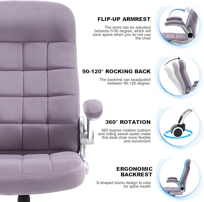 High Back Fabric Office Chair Purple, Velvet Executive Desk Chairs with Flip-Up Arms, Ergonomic Office Chairs with Lumbar Support, Upholstered Home Computer Swivel Chair with Wheels
