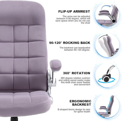 High Back Fabric Office Chair Purple, Velvet Executive Desk Chairs with Flip-Up Arms, Ergonomic Office Chairs with Lumbar Support, Upholstered Home Computer Swivel Chair with Wheels