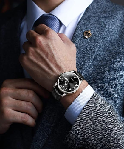 OLEVS Mens Watches Vintage Leather Band Dress Classic Easy Reader Arabic Numerals Analog Quartz Waterproof Date and Day Blue/Black/White Large Face Men's Wrist Watches