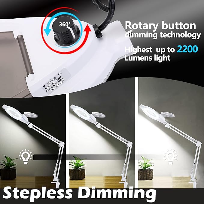 KIRKAS 10X LED Magnifying Lamp with Clamp, 2,200 Lumens Dimmable Super Bright Daylight Magnifying Glass with Light and Stand, Adjustable Swivel Arm Magnifier lamp for Reading Repair Crafts-White