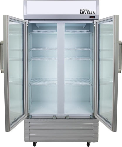 PremiumLevella PRN2110DX Glass Door Display Refrigerator 21.1 cu ft Commercial Beverage Cooler Merchandiser With Customizable Lightbox - Silver