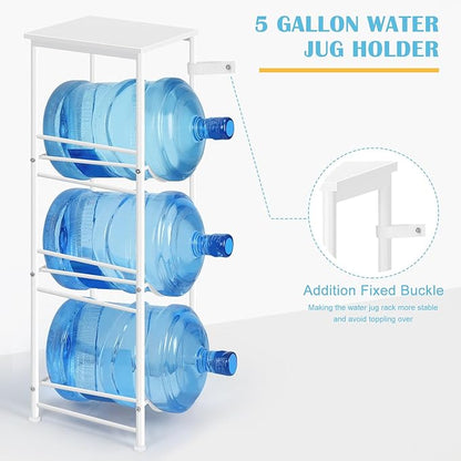 5 Gallon Water Bottle Jug Holder 3-Tier Water Bottle Holder Organizer with Top Shelf, Heavy Duty Water Dispenser Stand Rack for Kitchen Living Room Office, White