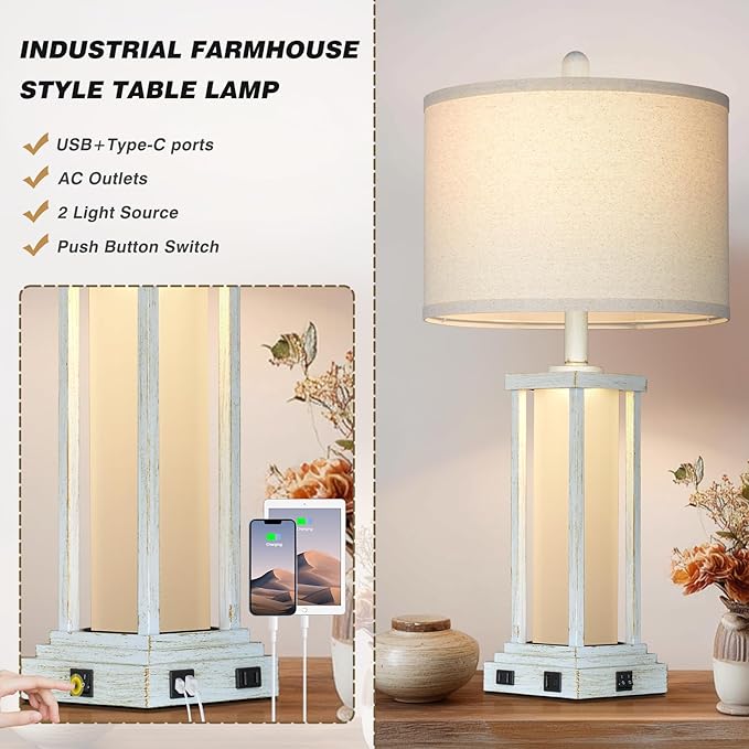 27" Tall Vintage Table Lamp Set of 2 with USB C+A & Outlet,Nightstand Lamp for Living Room,Bedside Lamps with Frosted Glass Night Light for Bedroom Entryway,White