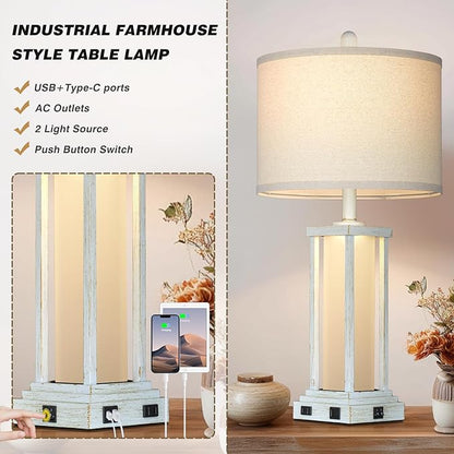 27" Tall Vintage Table Lamp Set of 2 with USB C+A & Outlet,Nightstand Lamp for Living Room,Bedside Lamps with Frosted Glass Night Light for Bedroom Entryway,White