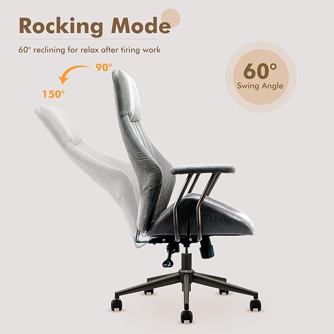 High Back Home Office Chair,Mid Century Modren Ergonomic Executive Chair,Lumbar Support Swivel Task Chair with Wheels,Computer Desk Chair Suede Fabric,350LBS (Gray)