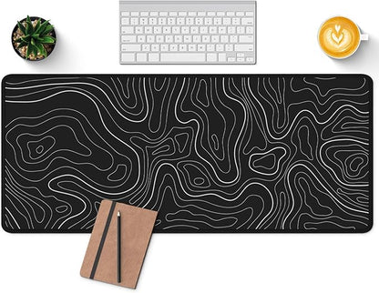 Large Computer Mouse Pad with Non-Slip Base for Desktop, Cute Gaming Mouse Mat with Stitched Edges, Long Extended Anime Mousepad for Laptop, 31.5 x 11.8 inches (Black Topographic Map)