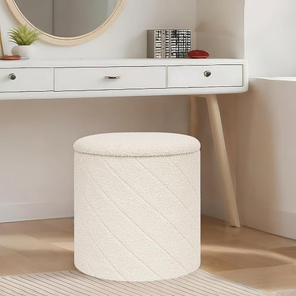 B FSOBEIIALEO Ottoman with Stroage, Boucle Round Storage Ottoman with Tray, Foot Rest Stool for Dorm Room, Living Room White, 16.93"x16.93"x17.72"
