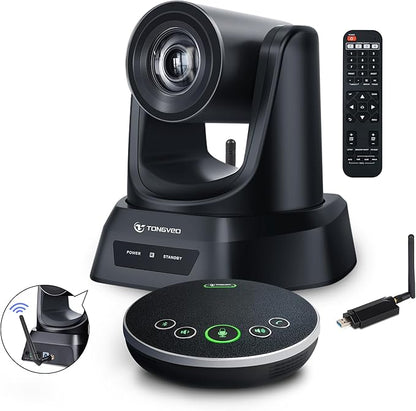 TONGVEO 5.8GHz Wireless Conference Room Camera System | 3X 60fps PTZ Camera with Bluetooth Microphone, 50ft Range, Compatible with Zoom, OBS - Easy Setup for Worship and Online Meetings