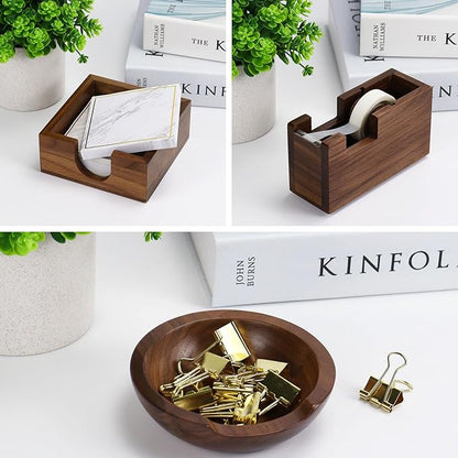 MultiBey 3pcs Walnut Office Supplies Desk Organizers, Wooden Sticky Notes Pad Holder Post it Dispenser, Paper Clips Holder and Tape Dispenser Cutter for Office Home School