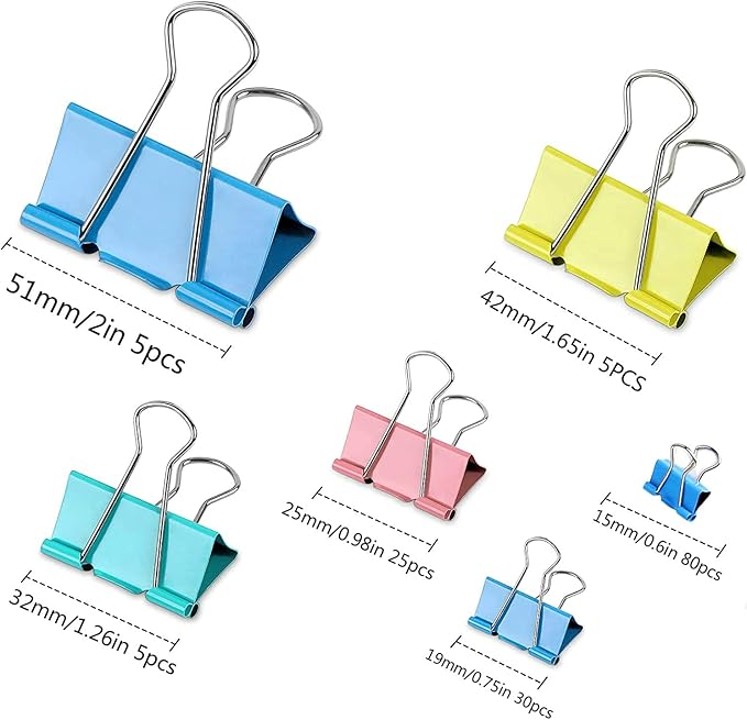 JANYUN 150Pcs Large Binder Clips 6 Assorted Sizes Paper Clamps Clip for Notes Paper Document Organizing Metal Clip Office School Home Supplies (Multicolor)