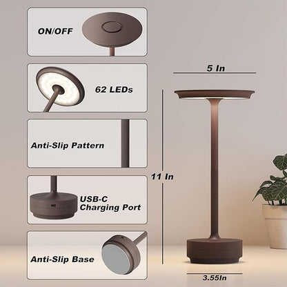 Rechargeable Table Lamps Cordless, Portable 5000mAh Outdoor Table Light, 3 Color Stepless Dimming LED Table Lamp with Memory Function, for Home/Dinner/Patio/Restaurant.(Rust)