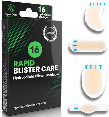 Hydrocolloid Blister Bandages (16 Pack) - Premium Blister Treatment for Athletes. Fast Healing Bandages for Blisters and Burns