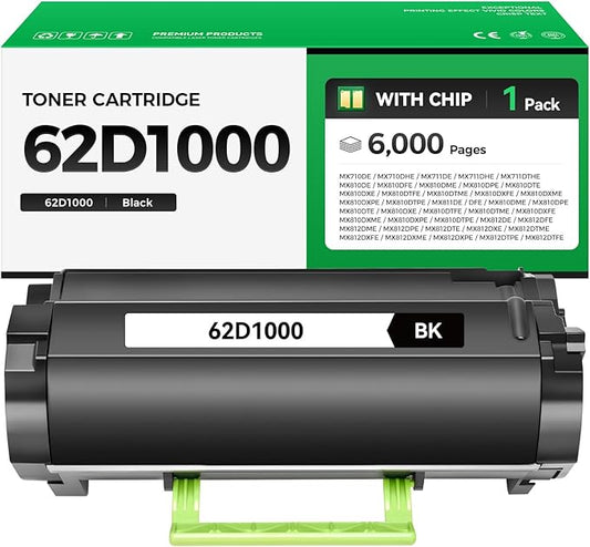62D1000 Black Toner Cartridge with Chip 1-Pack High Yield Replacement for Lexmark 62D1000 Toner Compatible for Lexmark MX710 MX711 MX810 MX811 MX812 Series Laser Printer Ink Copier DE DHE DTHE DFE DME