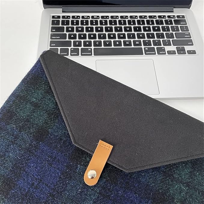 Harris Tweed Laptop Sleeve for MacBook Air M4 M3 M2 M1 13 Inch and Pro M1 A2338 Wool and Microfiber Leather Case with Snap Button Flap