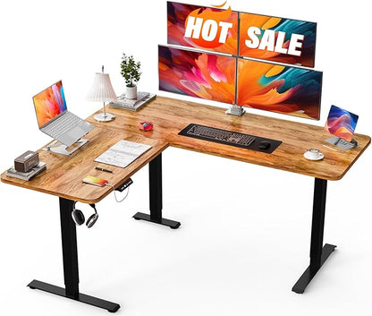 63″ L Shaped Standing Desk Electric Adjustable Height with A/C Charging Port, Large Corner Desk & Storage, Sit Stand Computer Table, Raised L-Shaped Workstation with Splice Board for Home Office