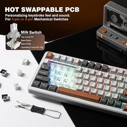 YUNZII B75 PRO Wireless Mechanical Keyboard,75% Layout with Knob,Hot Swap Gasket Custom Structure,Creamy Pre-lubed Switches,RGB Backlit,Bluetooth/Type-C/2.4G for Win/Mac(Milk Switch,Grey)