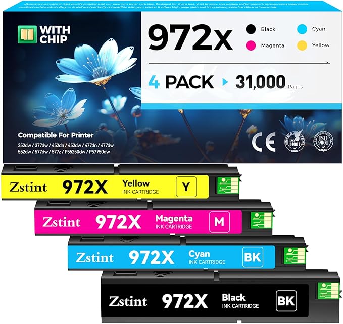 972X Ink Cartridges set 4-Pack Replacement for HP 972X 972 972A Ink Compatible with HP Pagewide Pro 477dw 577dw 552dw 577z 477dn 352dw 377dw 452dn 452dw Managed P55250dw P57750dw Printer Black Color