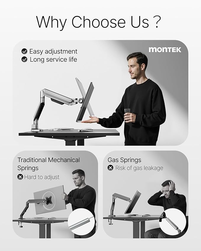 monTEK Deluxe Monitor Arm for 17 to 40 Inch Curved Screens with Cable Management Aluminum Fully Adjustable Single Monitor Arm with Clamp/Grommet, Quick Release Plate,75x75/100x100 VESA, MA1008SL