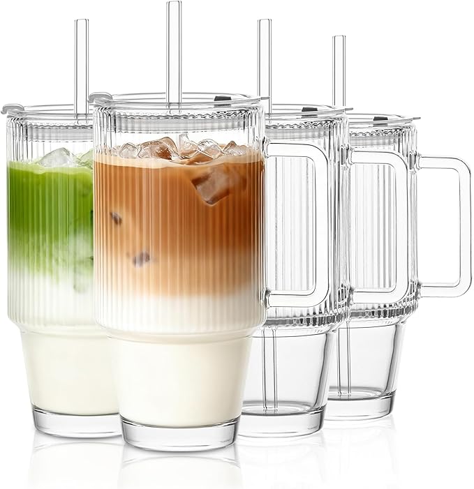 KEMORELA 4PCS 24oz Ribbed Glass Tumblers with Lids & Straws – Textured Handle Drinking Glasses for Iced Coffee, Smoothies, Cold Beverages – Reusable Clear Drinkware Set, Dishwasher Safe