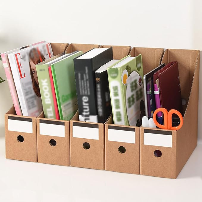 24 Pcs Cardboard Magazine File Holders, Magazine Book Bin Box With Label Stickers, Brown Bulk Kraft Magazines Organizer for Home Office, File Storage Boxes for Desk Shelves