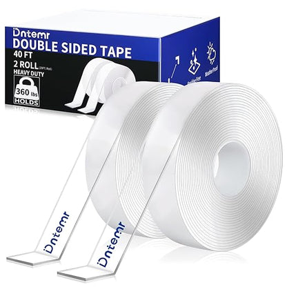 Double Sided Tape Heavy Duty 2 Rolls Removable Nano Tape for Poster Carpet Picture Hanging Strip Rug Strong Adhesive Multipurpose Clear Mounting Two Stick Sided DIY Tape (40FT)