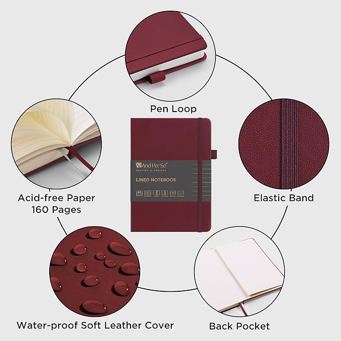 &And Per Se Lined Journal Notebook, 160 Pages, A5 5.7 x 8 inches College Ruled Thick Paper Notebook Journals (1 Pack, Dark Red)