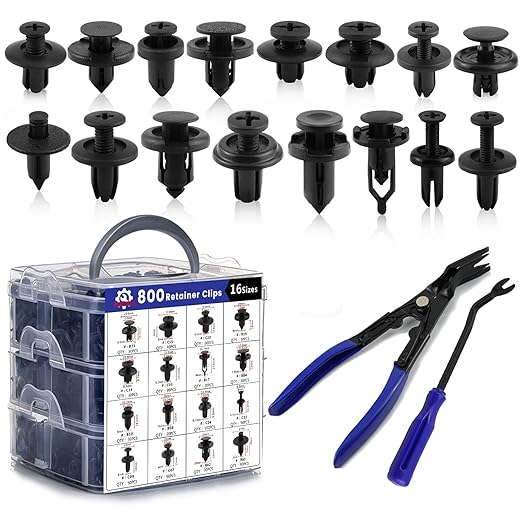 Car Push Retainer Clips 802PCS Auto Fasteners Assortment-16 Most Popular Sizes Nylon Bumper Fender Rivets with Blue Fastener Remover Panel Clip Pliers for Ford GM Toyota Honda Chrysler Benz Nissan