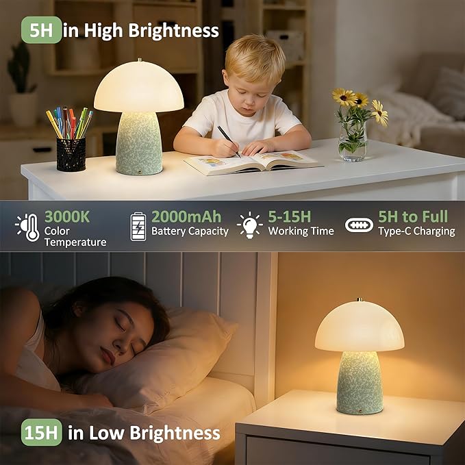 11" Mushroom Table Lamp, Small Ceramic Desk Bedside Lamp with Touch Control 3-Way Dimmable & Glass Shade, Modern Nightstand Lamp for Living Room Bedroom Home Office Crackle Texture Decor-Green