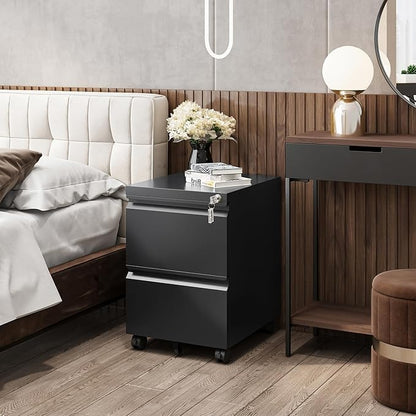2 Drawers Vertical File Cabinet - Fully Assembled Black Under Desk Mobile Filling Cabinet Small Lockable Home Office File Cabinets for A4/Letter/Legal Size