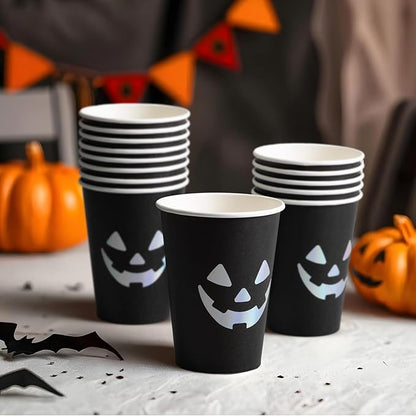 Halloween Disposable Paper Party Cups, Bulk 50 Pack, Leak-Resistant, 12 oz Hot and Cold Cups for Restaurants and Parties, Jack-O-Lantern, Black & Silver