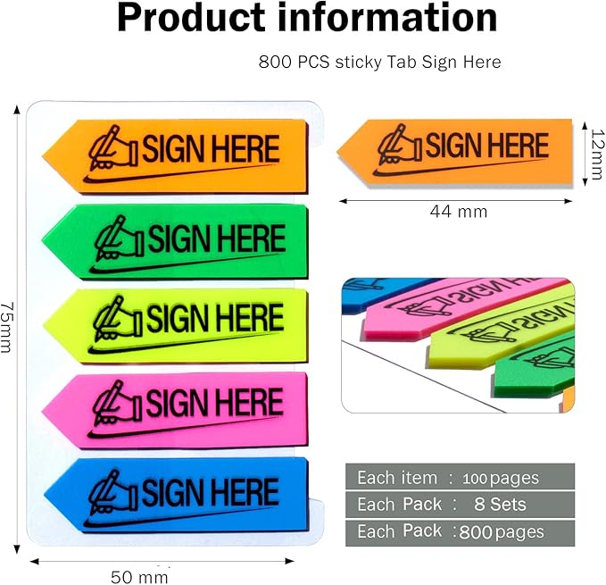 800 Sheets Sign Here Index Marker, Assorted Colors Sign Here Tabs Sign Post Here Index, Flags Vital Signs Sticky Notes for documents notebooks Contracts, Books,Files or Notary Supplies