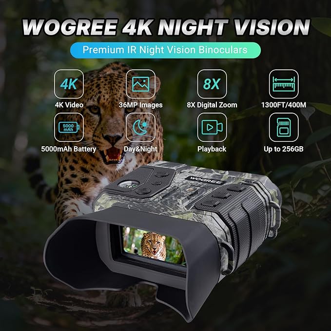 Night Vision Goggles, 4K Night Vision Binoculars for Adults, 36MP, 1300FT Range,8X Digital Zoom, 5000mAh Battery, Flashlight & Compass, Infrared Vision, 32GB Card, for Camping & Security
