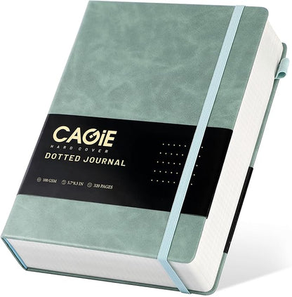 CAGIE Bullet Dotted Journal Notebook 320 Pages 100 GSM Paper Hardcover A5 Dot Grid Notebook Leather Journals for Writing Women Men Work Journaling, Green