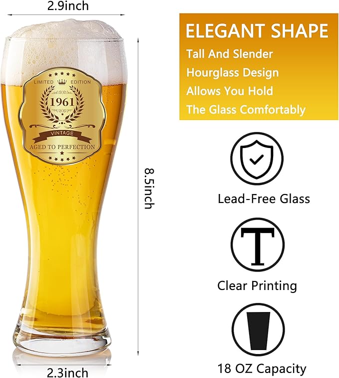 65th Birthday Beer Glasses Gifts, Personalized '1961' Vintage Glass Ware Set for Men, Black Gift Package with Drinking Glass, Coaster, and Card for 65 Years Old Man