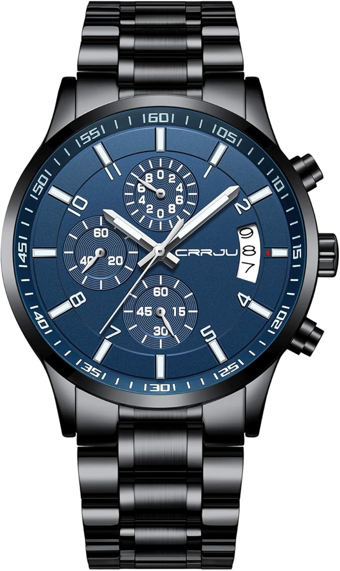 CRRJU Men's Fashion Stainless Steel Watches Date Waterproof Chronograph Wristwatches,Black Steel Band Waterproof Quartz Watch for Men