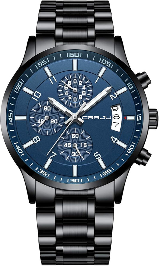 CRRJU Men's Fashion Stainless Steel Watches Date Waterproof Chronograph Wristwatches,Black Steel Band Waterproof Quartz Watch for Men