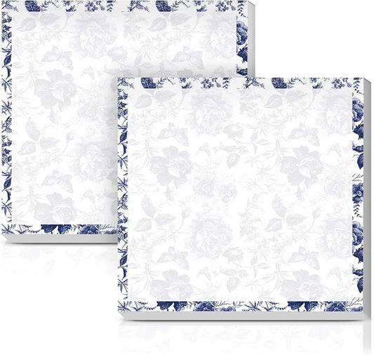 Sticky Notes 3x3 Inches, 2 Pack Cute Colorful Bright Self-Stick Note Pads, Easy to Post for Home, Office, Notebook, Meeting Luxuious Blue Flowers