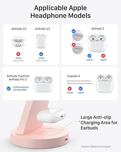 Anlmz 3 in 1 Charging Station for iPhone, Wireless Charger for iPhone 17 16e 16 15 14 13 12 11 X Pro Max & Apple Watch - Charging Stand Dock for AirPods (Pink)