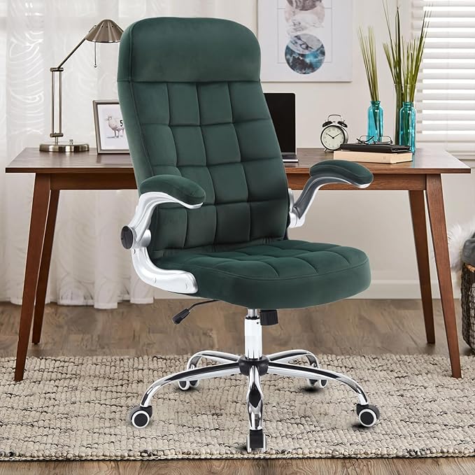 High Back Fabric Office Chair, Velvet Executive Desk Chair with Flip-Up Arms, Ergonomic Office Chairs with Lumbar Support, Upholstered Home Computer Swivel Chair with Wheels(Green)